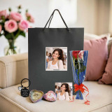 Personalized Romantic Gift Set – Keyring, Heart Candle, Photo Magnet & Red Rose Bouquet SK-2226