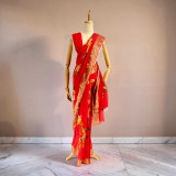 Red Chinon Chiffon Saree with Golden Boarder SR-1382