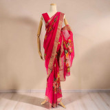 Rani Pink Chinon Chiffon Saree With Multicoloured Floral Pattern SR-1384