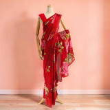 Stunning Red Chinon Chiffon Jari Saree with Multicolor Floral Design SR-1392