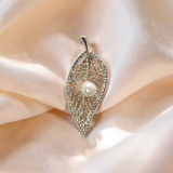Sparkling Crystal Rhinestone Leaf Brooch with Pearl Accent STP-90