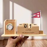 Personalized Wooden Desk Organizer with Nepali Flag, Clock & Calendar
