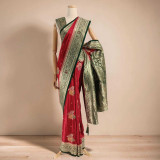 Premium Pink & Green Contrast Banglori Silk Saree with Floral Embroidery SR-1422
