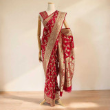 Traditional Dark Red Satin Silk Saree with Gold Embroidered SR-1418