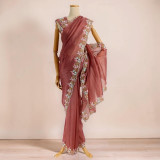 Peach Zomato Silk Saree with Floral Sequin Boutique Work & Unstitched Blouse Piece