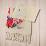 Off-White Cotton Shawl with Flower & Butterfly Design SWL-3233