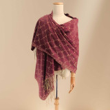 Elegant Maroon Woolen Shawl with Pattern & Soft Fringe Detail SWL-3222