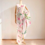 Light Pink Chinon Chiffon Saree with Lily Floral Design & Unstitched Blouse Piece SR-1426
