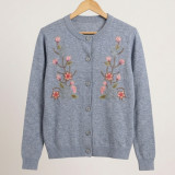 Lightweight Grey Cardigan Sweater with Floral Design
