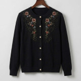Floral Embroidered Button Cardigan with Round Neck- Black Color SS-05
