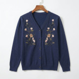 Women’s Navy Blue Floral Jari & Thread Embroidered Cardigan Sweater