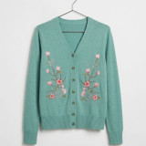 Women’s Green Floral Jari & Thread Embroidered Cardigan Sweater