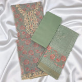 Unstitched Rayon Kurta Set with Round Neck & Elegant Floral Pattern- Dutch Green