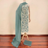 Pine Green Unstitched Kurta Set with Floral Pote & Pearl Embellished Design KRT-1320