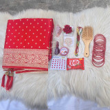 Mother’s Day Gift Set with Red Satin Silk Saree, Accessories & Chocolates JNK-6896