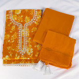 Vibrant Orange Unstitched Kurta Set with  Pote Embroidered Work