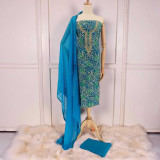 Zari Embroidered Blue Cotton Kurta Set with Chiffon Shawl and Cotton Suruwal KRT-1318