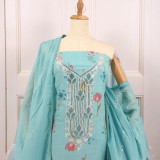 Unstitched Sky Blue Cotton Kurta Set with Floral & Rhinestone Embroidered