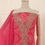 Raspberry Pink Cotton Unstitched Kurta Set with Rajasthani Bandhani Print