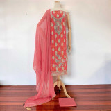 Coral Pink Cotton Unstitched Kurta Set with Rhinestone Work KRT-1305