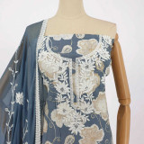 Unstitched Grey Cotton Kurta Set with White Floral Print & Thread Embroidery KRT-1340