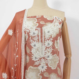 Brown Kurta Set with White Embroidered Design, Matching Dupatta & Suruwal KRT-1341