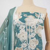 Unstitched Sea Green & White Cotton Kurta Set with White Floral Thread Embroidery KRT-1342