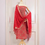 Unstitched Red Cotton Kurta Set with Multi-Colored Floral Print & Zari-Sitara Embroidery KRT-1328