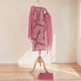 Rose Pink Unstitched Kurta Set with Digital Print, Zari Embroidery, Matching Dupatta & Suruwal KRT-1337