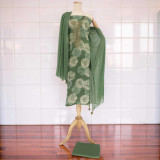 Elegant Sage Green Unstitched Cotton Kurta Set with Floral Print & Pote Work KRT-1338