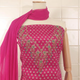 Rani Pink Cotton Unstitched Kurta Set with Floral Print & Pote Work
