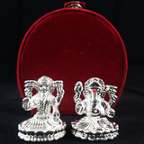 Silver Ganesh Ji and Laxmi Ji on Lotus Flower Statue Set