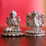 Silver Ganesh Ji and Laxmi Ji on Lotus Flower Statue Set