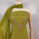 Unstitched Olive Green V- Neck Zari Embroidered Kurta Set with Shawl & Suruwal KRT-1351