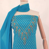 Blue Unstitched Cotton Kurta Set with Floral Print & Pote Embroidery KRT-1353