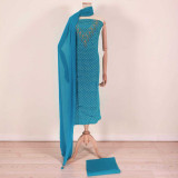 Blue Unstitched Cotton Kurta Set with Floral Print & Pote Embroidery KRT-1353