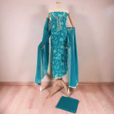 Vibrant Blue Unstitched Kurta Set with Floral Print and Pote Embroidery KRT-1331
