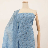 Light Blue Unstitched Cotton Kurta Set with Leaf Print & Floral Rhinestone Work KRT-1310