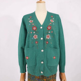 Sea Green Floral Embroidered V-Neck Cardigan