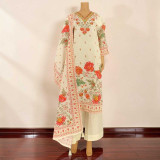 Off White Multi Color Floral Printed Cotton Kurta Set with Suruwal & Shawl- XXL Size