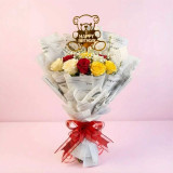 Mixed Rose Bouquet with Birthday Teddy Cake Topper DKG-716