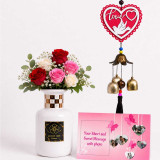 Beautiful White Ceramic Vase with Fresh Roses & Photo Message Card Combo SK-2810