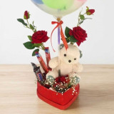Birthday Surprise Box with Teddy, Chocolates & Name Printed Balloon JNK-7239