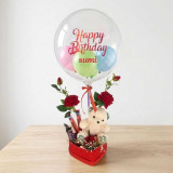 Birthday Surprise Box with Teddy, Chocolates & Name Printed Balloon JNK-7239