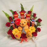 Romantic Teddy & Chocolate Gift Basket with Fresh Flowers SK-2838