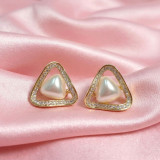 Elegant Golden Triangle Pearl Stud Earrings