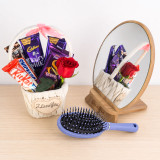Beauty & Chocolate Gift Hamper with Wooden Mirror and Hair Brush