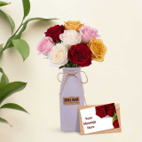 Colorful Rose Bouquet in Cute Jar Vase with Greeting Card Gift Set DKG-917