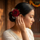 Velvet Rose Hair Clip with Pearl Accents