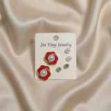 Red Floral, Pearl & Crystal Trio Earring Set JR-414
